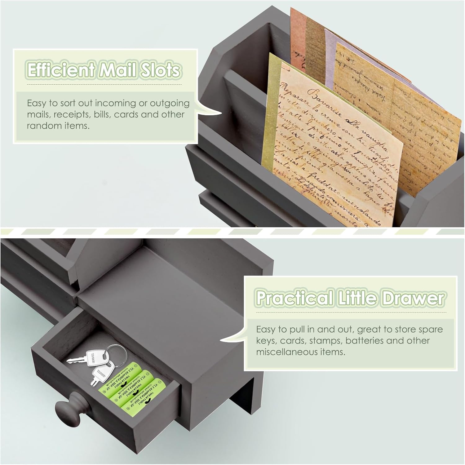 VIS'V Key Holder Wall Mount, Wooden Mail and Key Organizer with Drawer and Shelf, 2 Slots, 6 Hooks, Grey