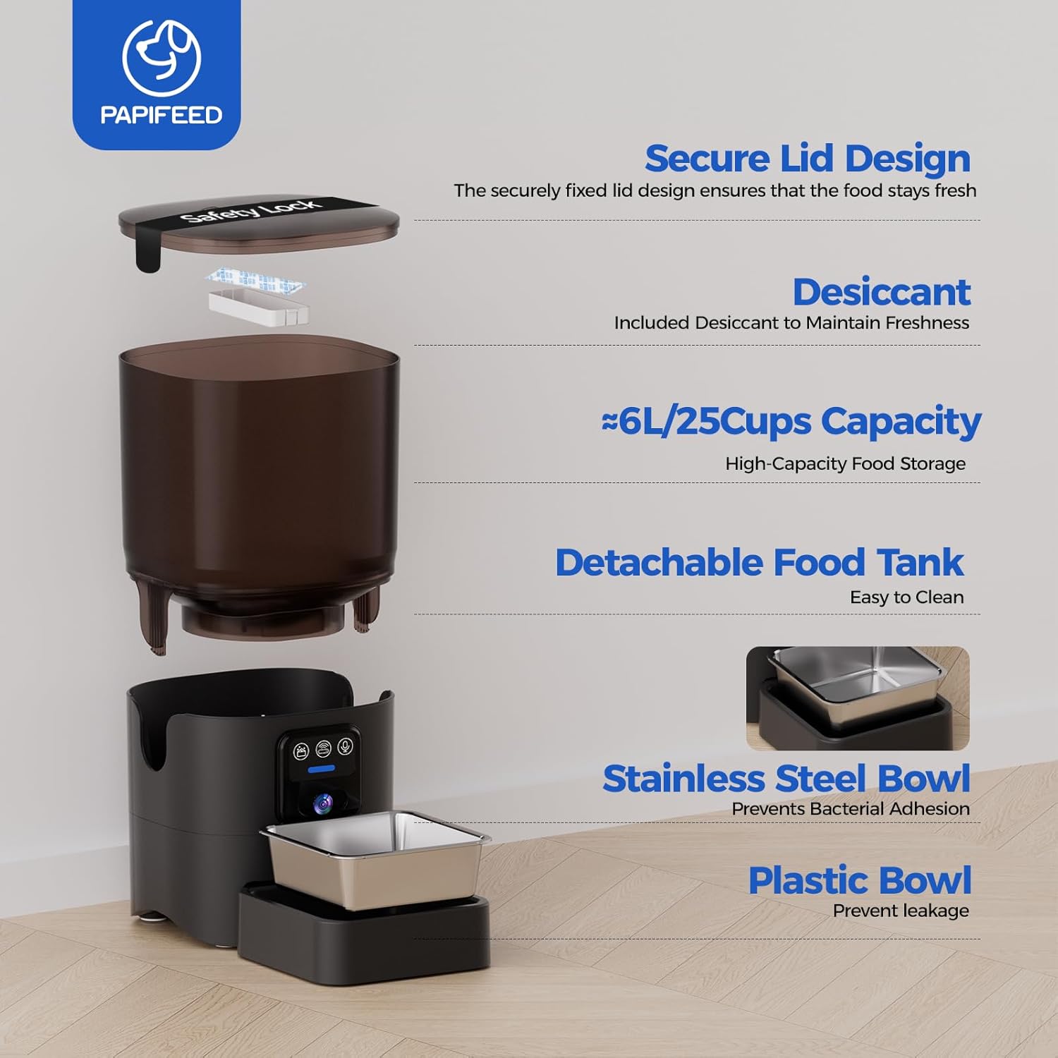 PAPIFEED Automatic Cat Feeder,Camera 1080P HD - 6L Pet Feeder, 2.4/5G WiFi Smart App Control, Bluetooth Assist Link,Wide-Angle Lens,Automatic Feeder for Small and Medium-Sized Pets (Wide Angle Video)