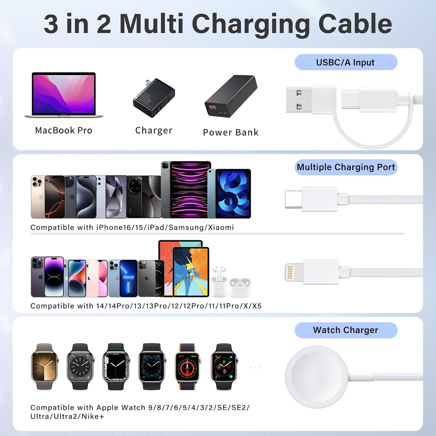 Travel Essentials,3 in 2 USB C Cable for Apple Watch Charger ，Multi Charging Cable Cord,Vacation Camping RV Essentials,Portable Designed for iWatch Series 11-2/Ultra/SE &iPhone 17-12-4FT