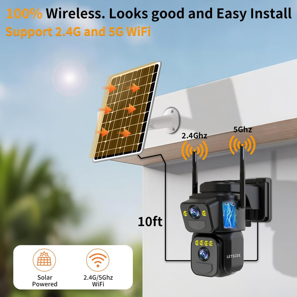 Dual Lens Security Cameras Wireless Outdoor，Solar Cameras for Home Security，Motion Detection,Night Vision,No Month Fee,IP65 Water Proof