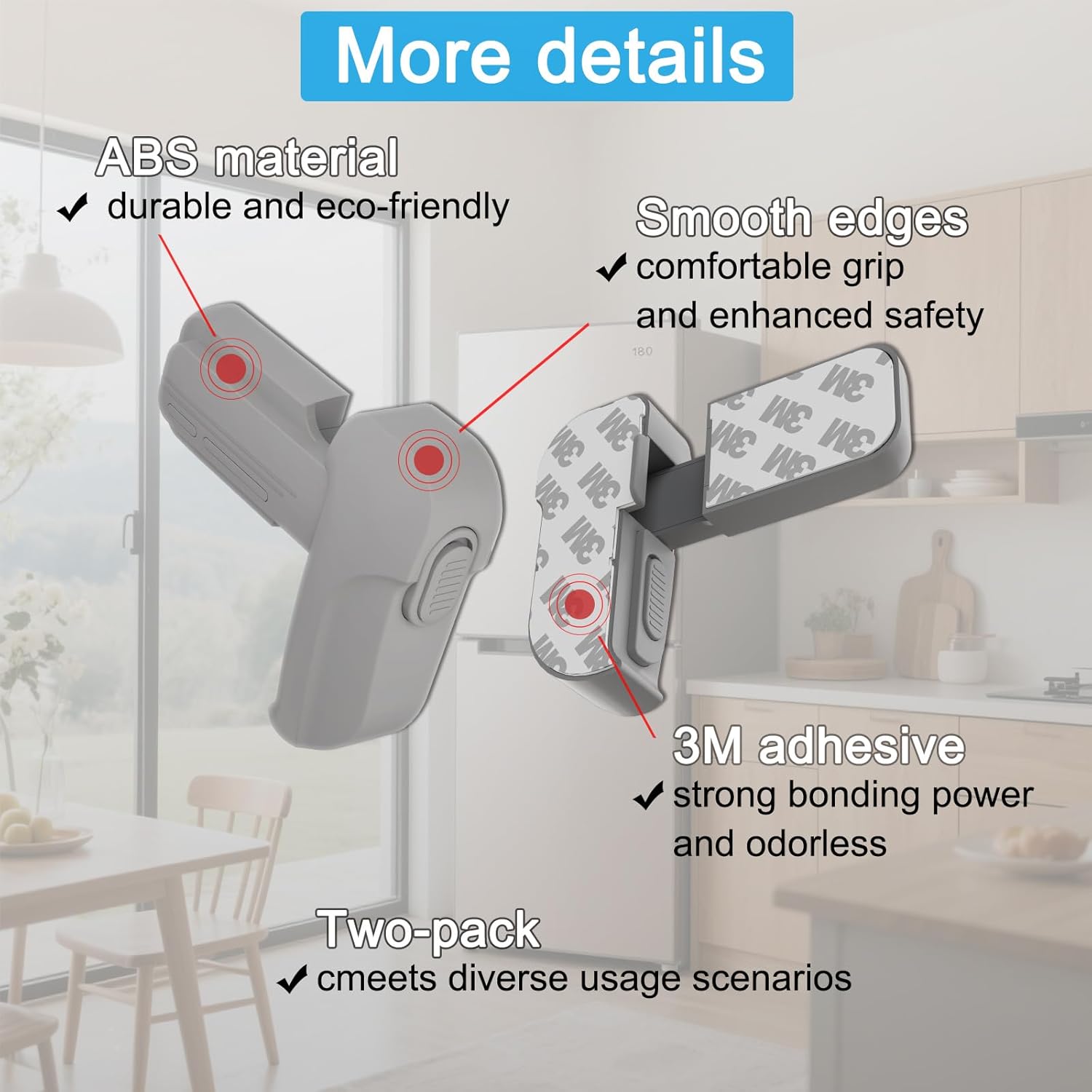 2 Pack Child Safety Refrigerator/Fridge/Freezer Door Lock, One Handed Operation & with Always Open Function, No Tools Need or Drill (Grey)