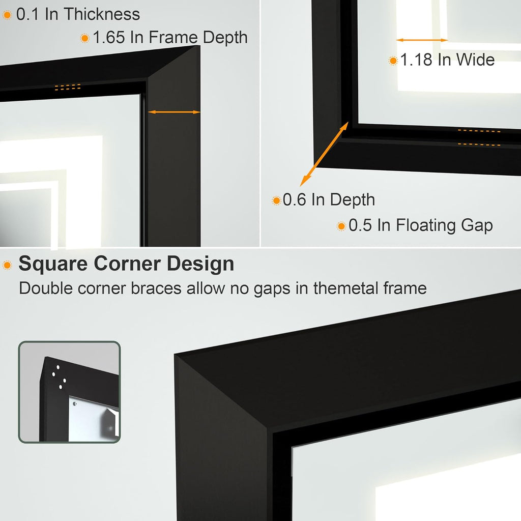 LED Bathroom Mirror: 40x32 Inch LED Bathroom Vanity Mirror - Black Framed Lighted Mirror for Bathroom Anti-Fog Gesture Control Dimmable Memory Function Tempered Glass