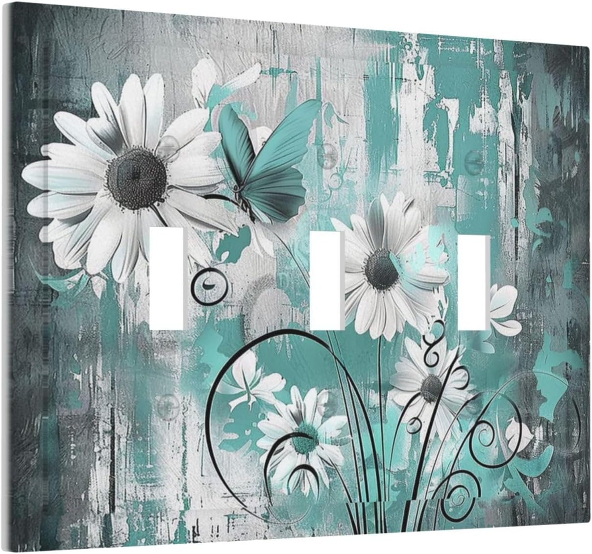 Decorative Switch Plates Teal Daisy Floral Vintage Wood Plank 3 Gang Wall Plate Triple Toggle Light Switch Cover Faceplate Electrical Wall Panels For Farmhouse Cabin Decor