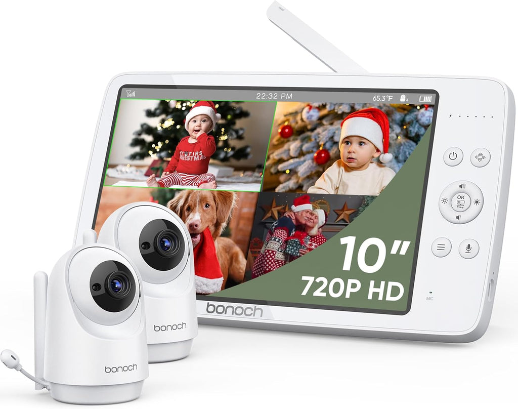 bonoch MegaView Baby Monitor, 10" Video Monitor with 2 Cameras, 10000mAh Battery, Quad Split Screen Baby Monitor with Camera and Audio, VOX Mode, Auto Night Vision, Remote PTZ, Hack Proof