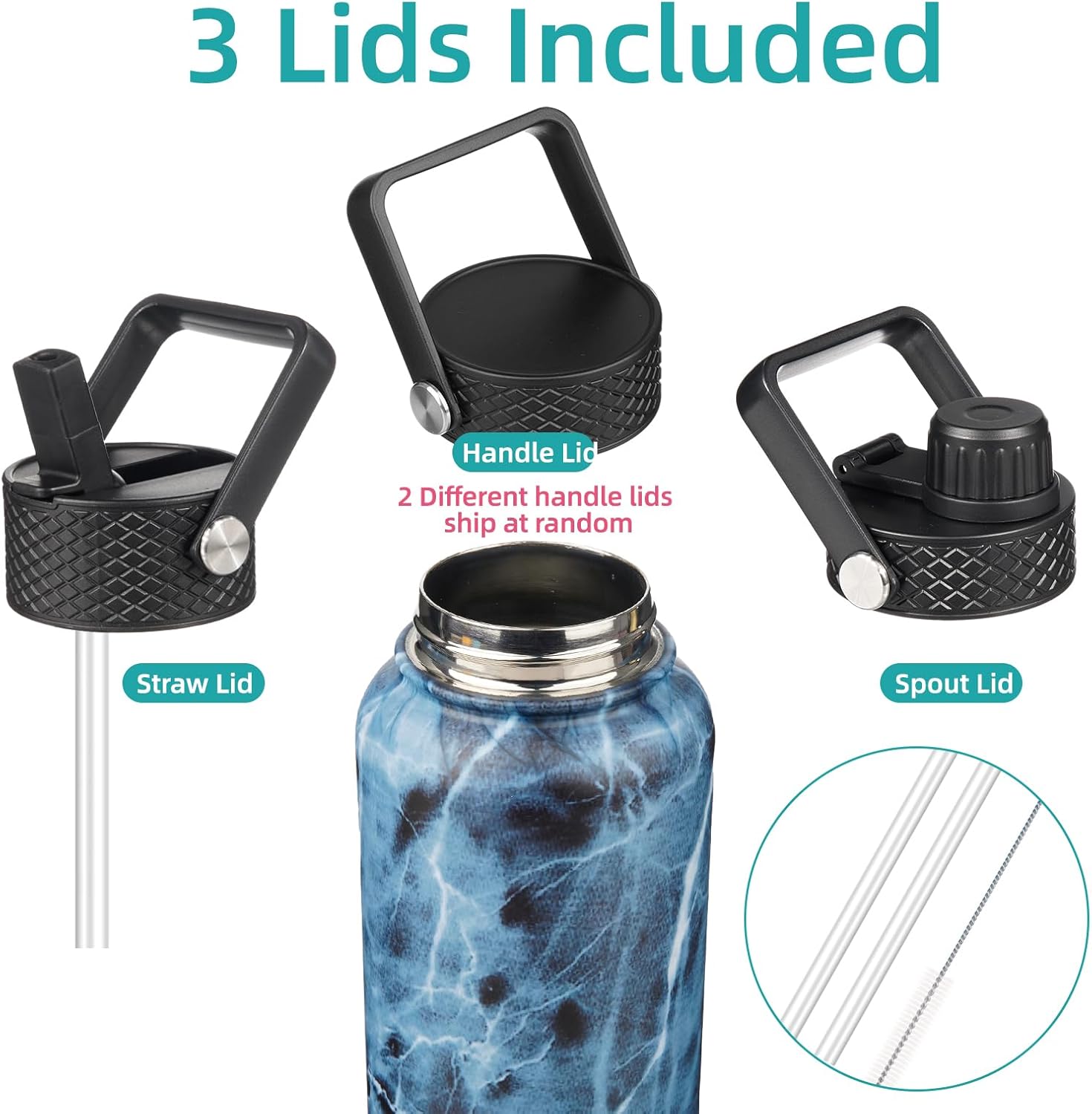 32 oz Insulated Water Bottle Stainless Steel Sport Bottles with 3 Lids,Marble Ocean