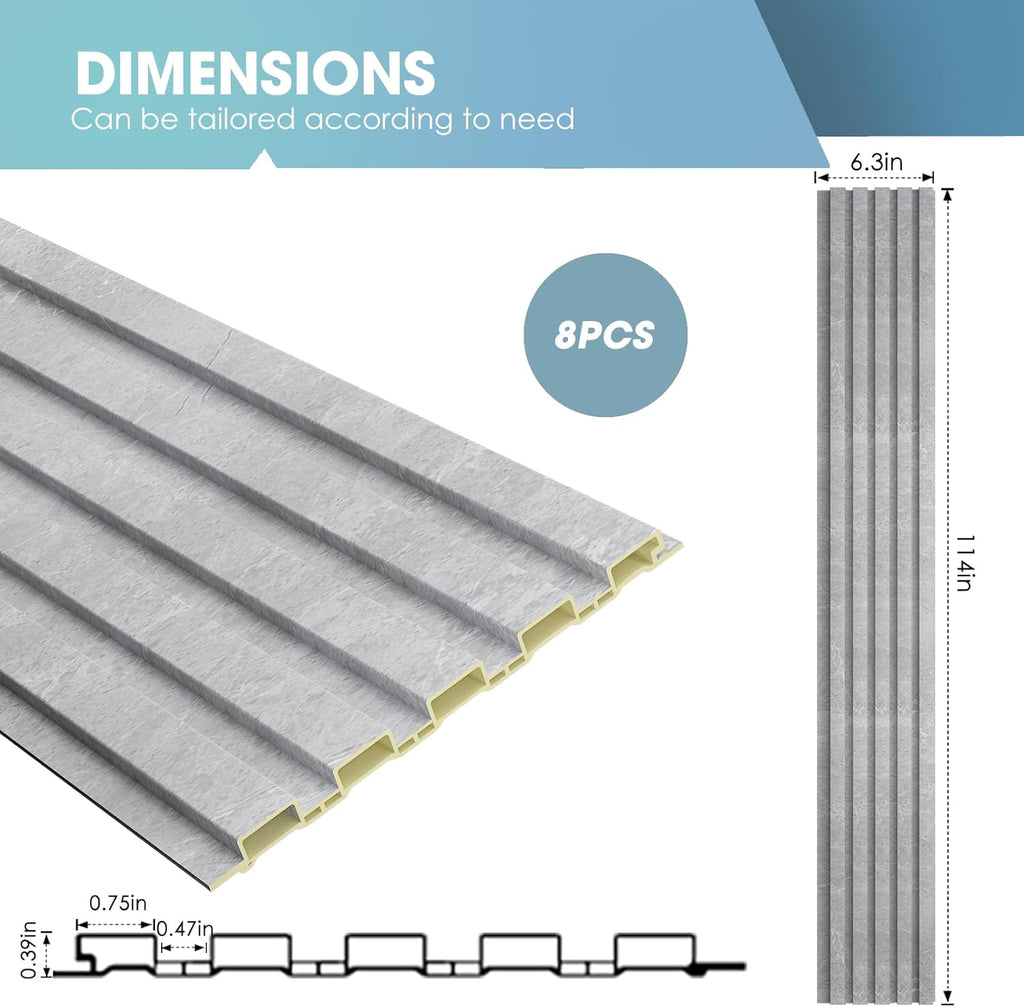 OUZUGIE WPC Acoustic Slat Wall Paneling, 8-Pack 114 x 6 Inches 3D Wall Panels for Interior Wall Decor,Living Room,TV Background,Study Room,Office Spaces,Bedroom,Low Grille (Gray Marble)