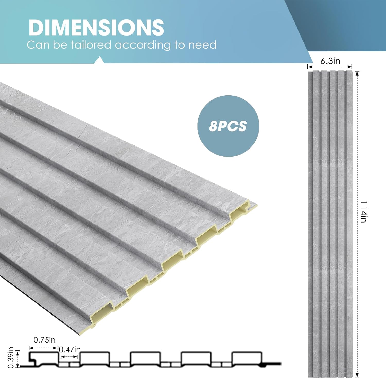 OUZUGIE WPC Acoustic Slat Wall Paneling, 8-Pack 114 x 6 Inches 3D Wall Panels for Interior Wall Decor,Living Room,TV Background,Study Room,Office Spaces,Bedroom,Low Grille (Gray Marble)