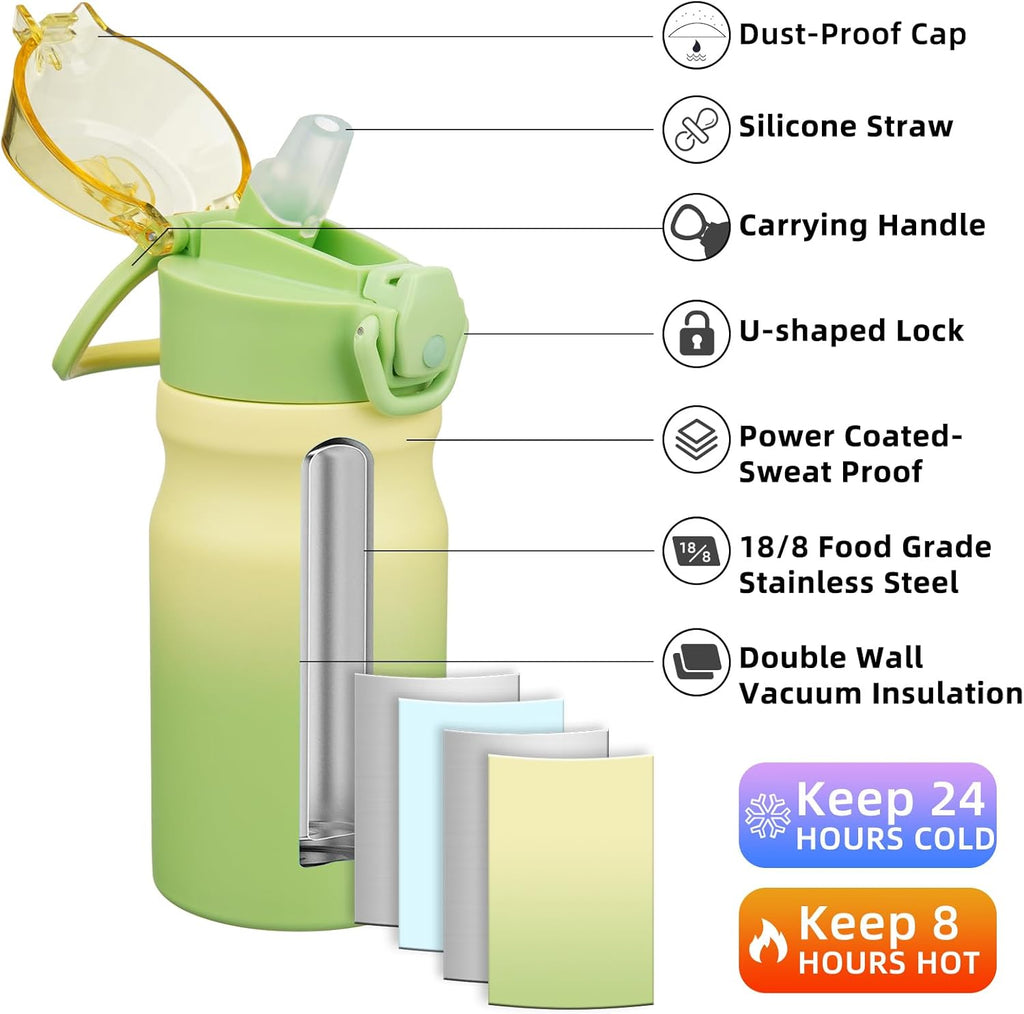 BJPKPK Water Bottle with Straw 14oz Insulated Water Bottles Reusable Stainless Steel Metal Thermal Flask with Leak Proof Lockable Lid and Carry Handle,Lime