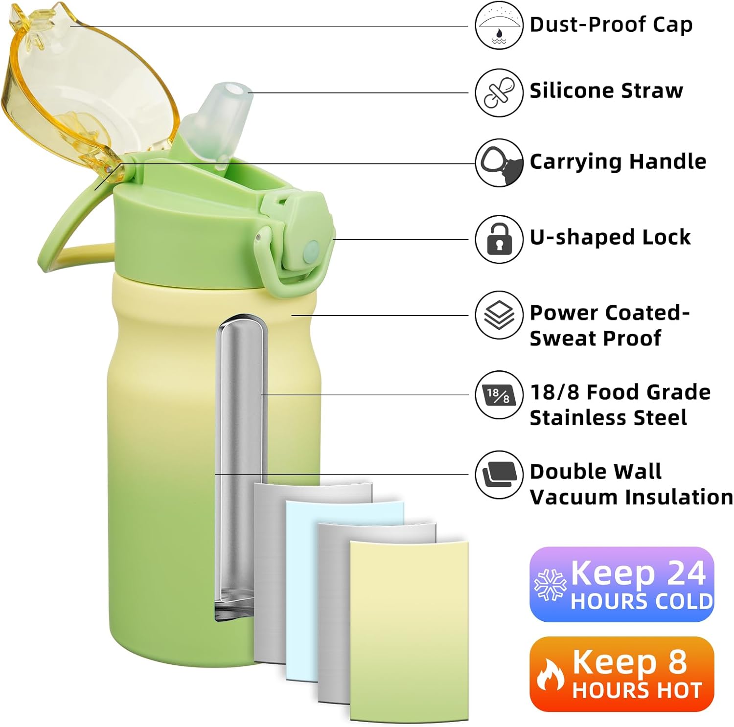 BJPKPK Water Bottle with Straw 14oz Insulated Water Bottles Reusable Stainless Steel Metal Thermal Flask with Leak Proof Lockable Lid and Carry Handle,Lime