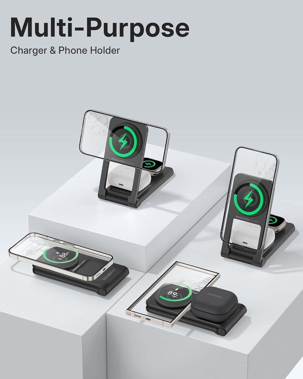 3 in 1 Charging Station for Apple Devices, Magnetic Wireless Charger Stand, 15W Foldable Travel Charging Dock for iPhone 17 16 15 14 13 12 Pro Max Plus Air & Apple Watch & AirPods 4 3 2 Pro, Black