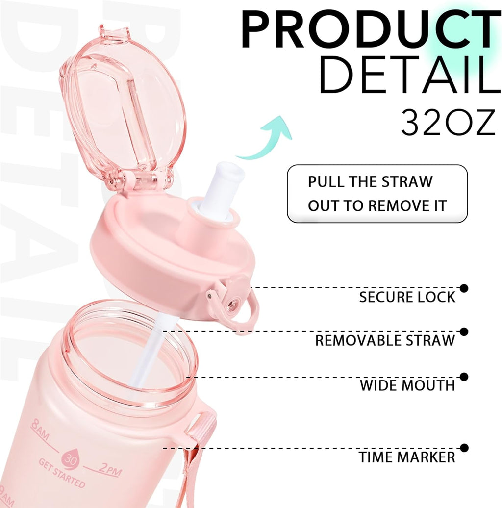 32oz Water Bottle with Time Marker, Motivational Drinking Bottle with Strap, BPA-Free Leak-Proof, Encouraging Water Bottle Time to Drink Water for Gym School Office Travel