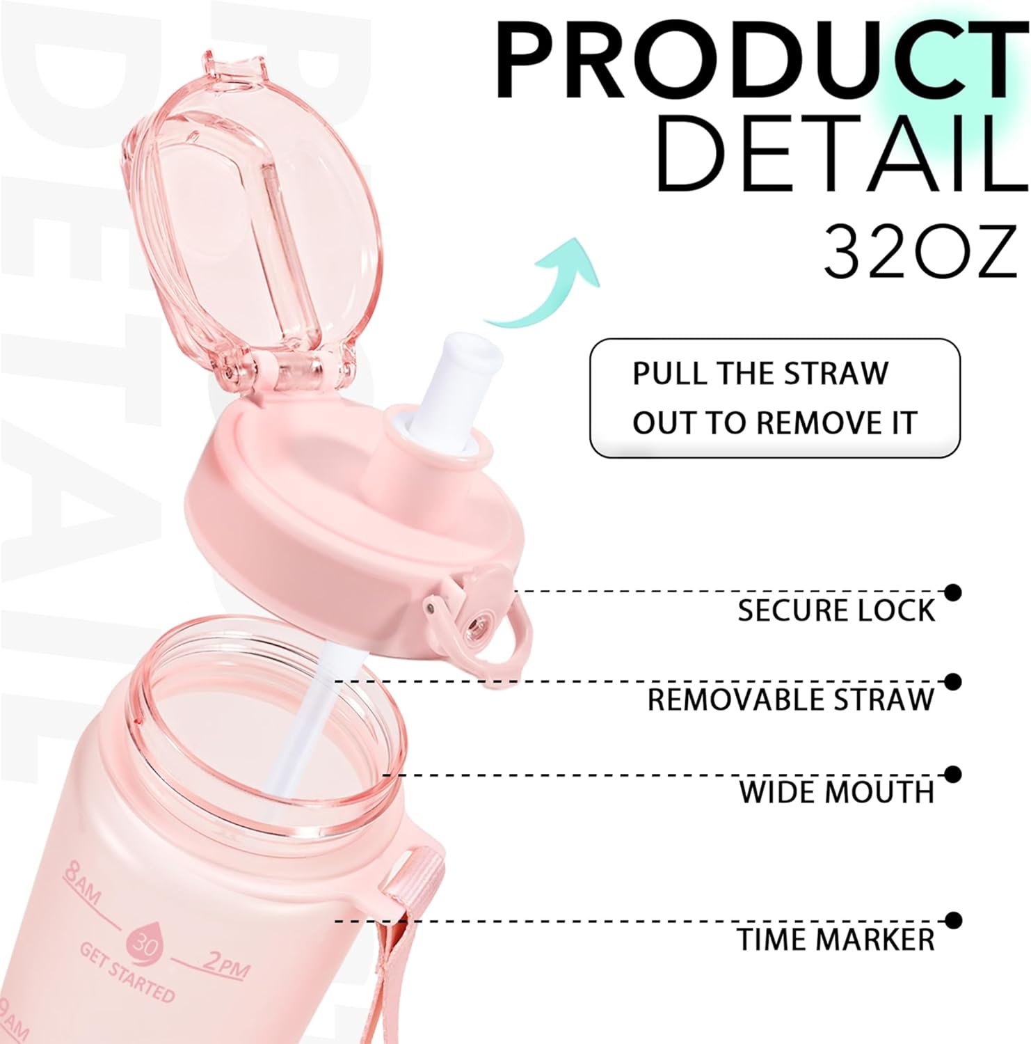 32oz Water Bottle with Time Marker, Motivational Drinking Bottle with Strap, BPA-Free Leak-Proof, Encouraging Water Bottle Time to Drink Water for Gym School Office Travel