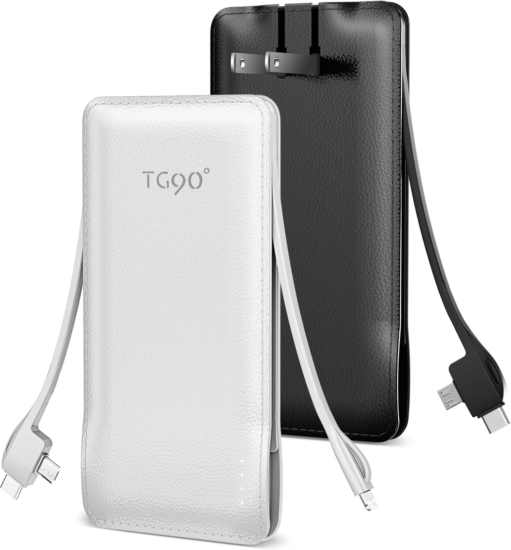 TG90° 2 Pack 10000mAh Power Bank Built-in Foldable AC Wall Plug and Cables,Pocket Size USB C Portable Charger,Ultra Slim Battery Pack Compatible with iPhone Series and Android Devices