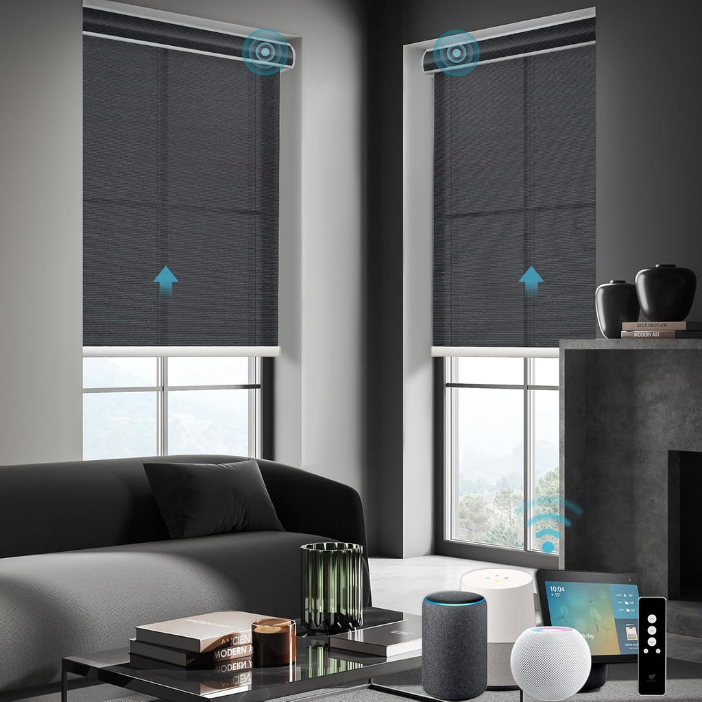 SmartWings Motorized Smart Roller Shades in Light Filtering, Electric Blinds with Remote for Windows Compatible with Alexa/Google Home/Homekit, Customized, 60% Blackout Twilight Obsidian
