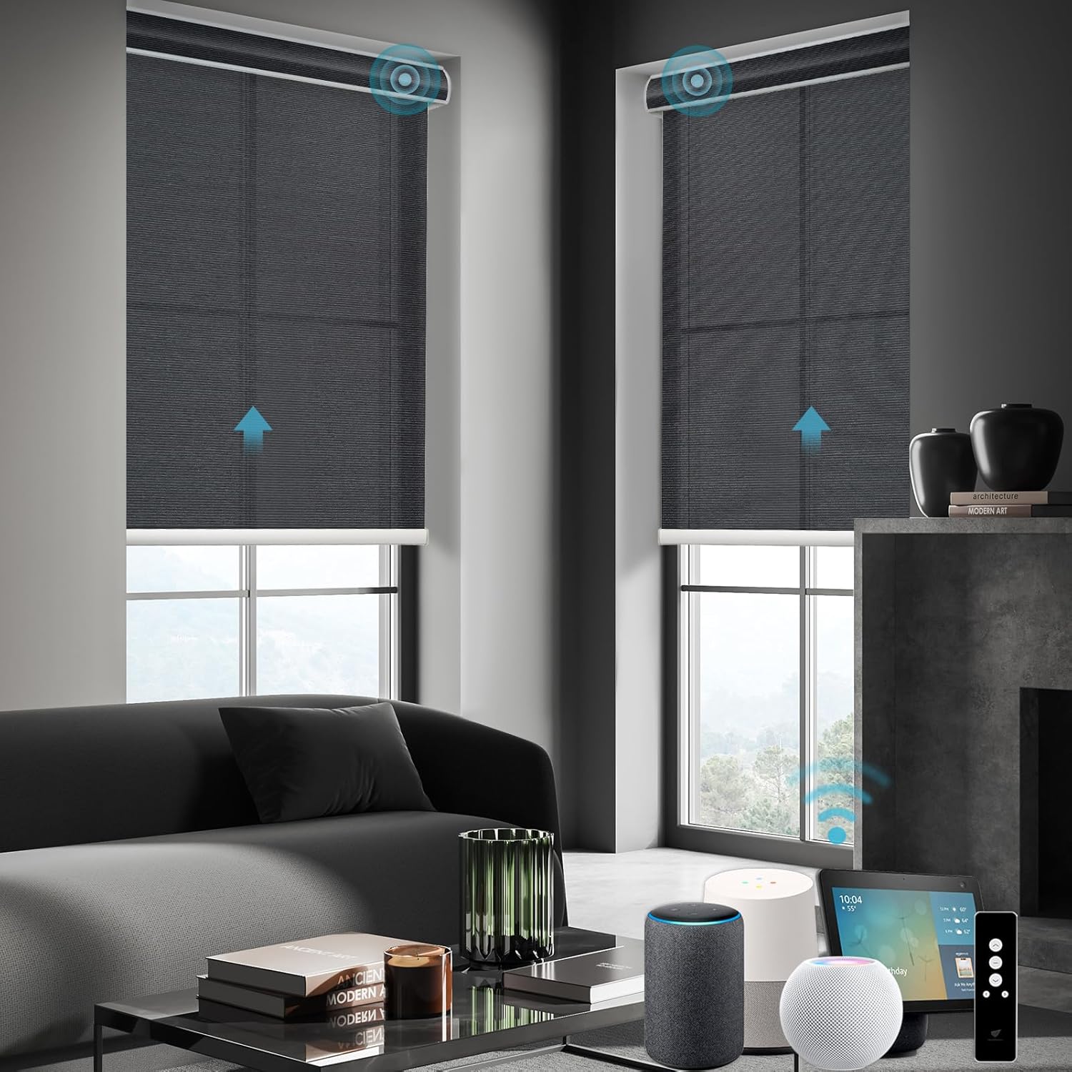 SmartWings Motorized Smart Roller Shades in Light Filtering, Electric Blinds with Remote for Windows Compatible with Alexa/Google Home/Homekit, Customized, 60% Blackout Twilight Obsidian