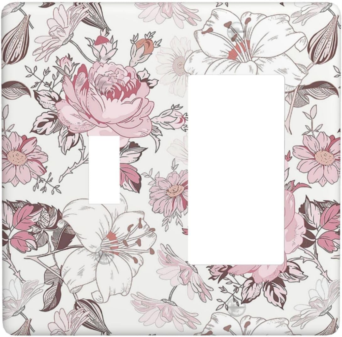 Outlet Covers Modern Watercolor Flower Pink White Wildflower 1 Toggle 1 Rocker Combination Decorative Wall Plate Light Switch Cover Plate Electrical Switch Plates for Bedroom Home Decor