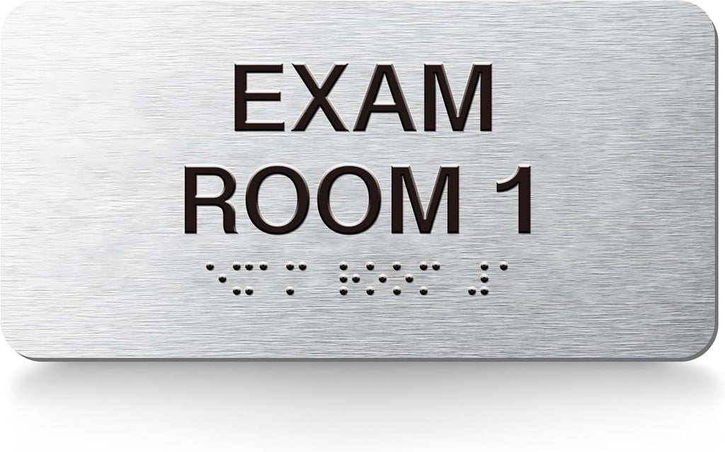 Exam Room Signs with Raised Text & Grade 2 Braille –,Easy Installation with Adhesive Pad – Brushed Aluminum/Silver Finish Easy Install with Double-Sided Tape