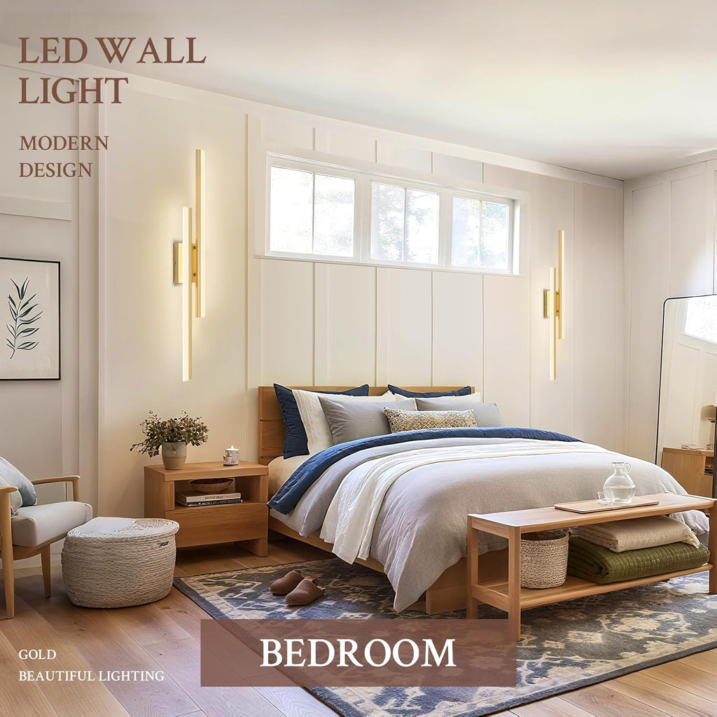 LED Wall Sconce Set of 2 Gold Remote Modern LED Vanity Lights Set of 2 Indoor Wall Light Fixtures for Living Room, Dimmable Wall Sconce for Bedside Bedroom Bathroom, 31.5inch 2 Pack
