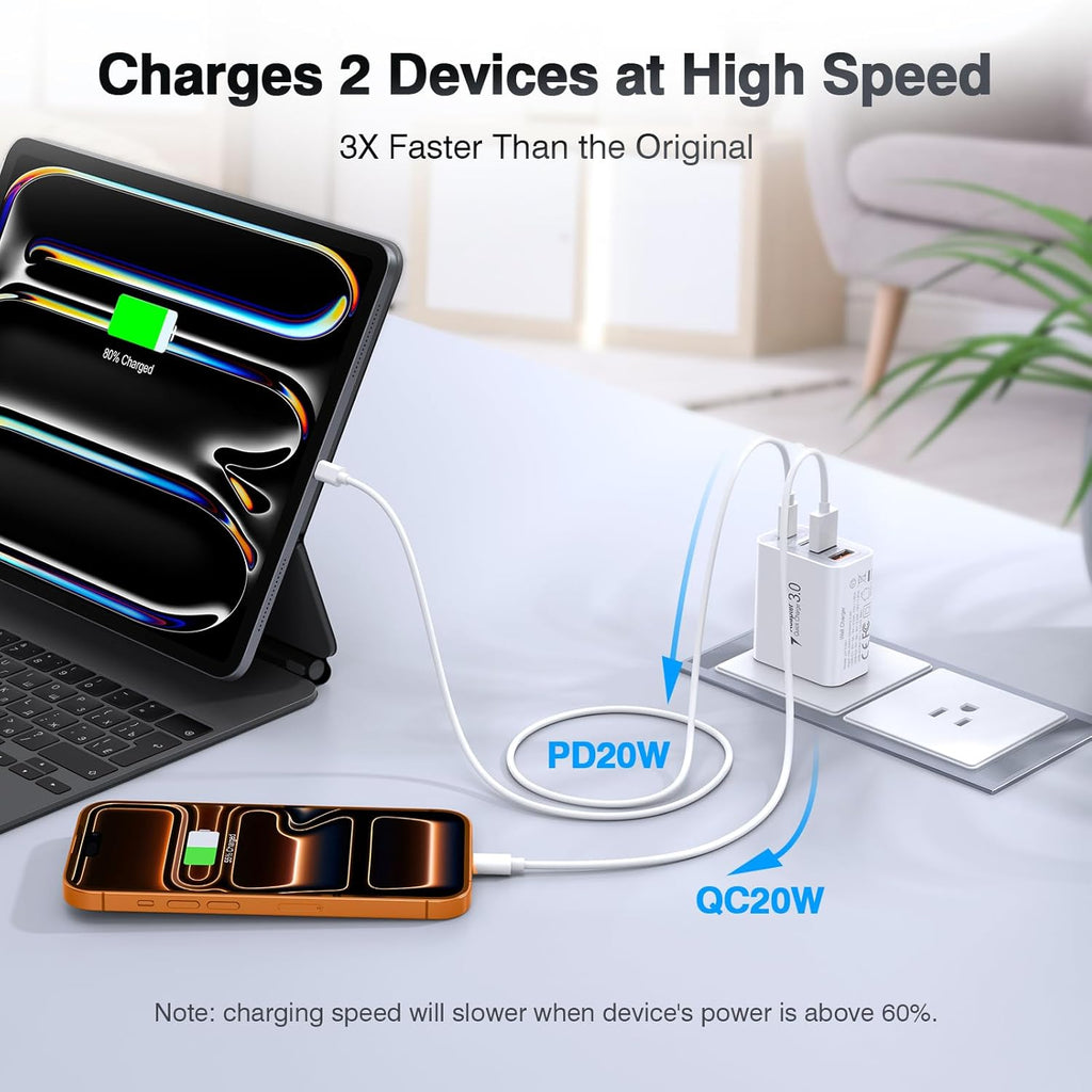 [3-Pack] USB C Wall Charger,40W Fast USB C Charger Block,4-Port PD+QC Wall Plug Power Adapter Multiport Type C Charging Block for iPhone 17/16/15/14/13/12/Pro Max,iPad,Samsung,AirPods4,Watch10,Ultra2