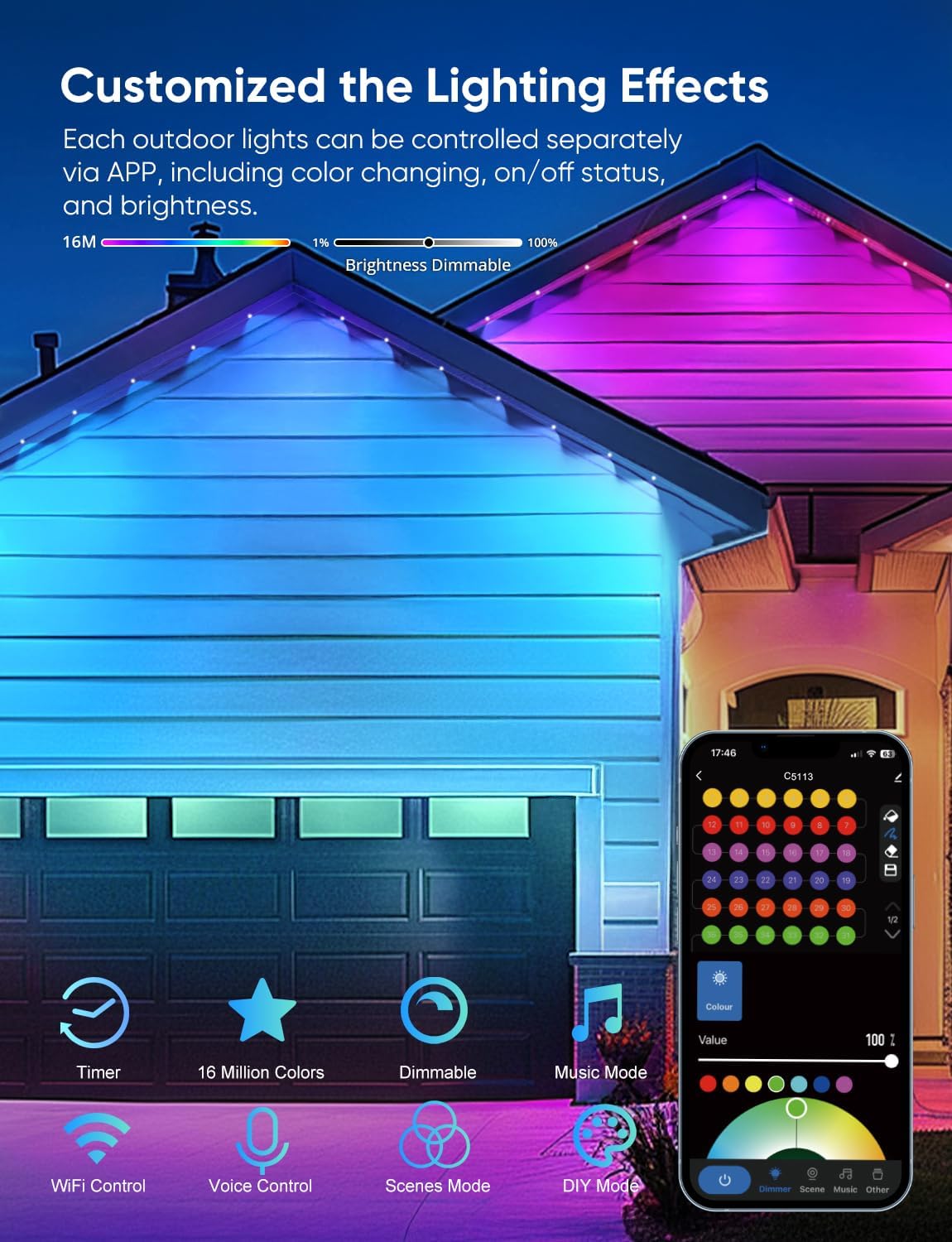 Permanent Outdoor Lights 100ft,RGBW Eaves Light with 72 LED Lights,111+ Scenes Modes Outdoor Lighting, Waterproof Permanent Light for Daily Holiday Halloween Decorations, Compatible with Alexa,Black