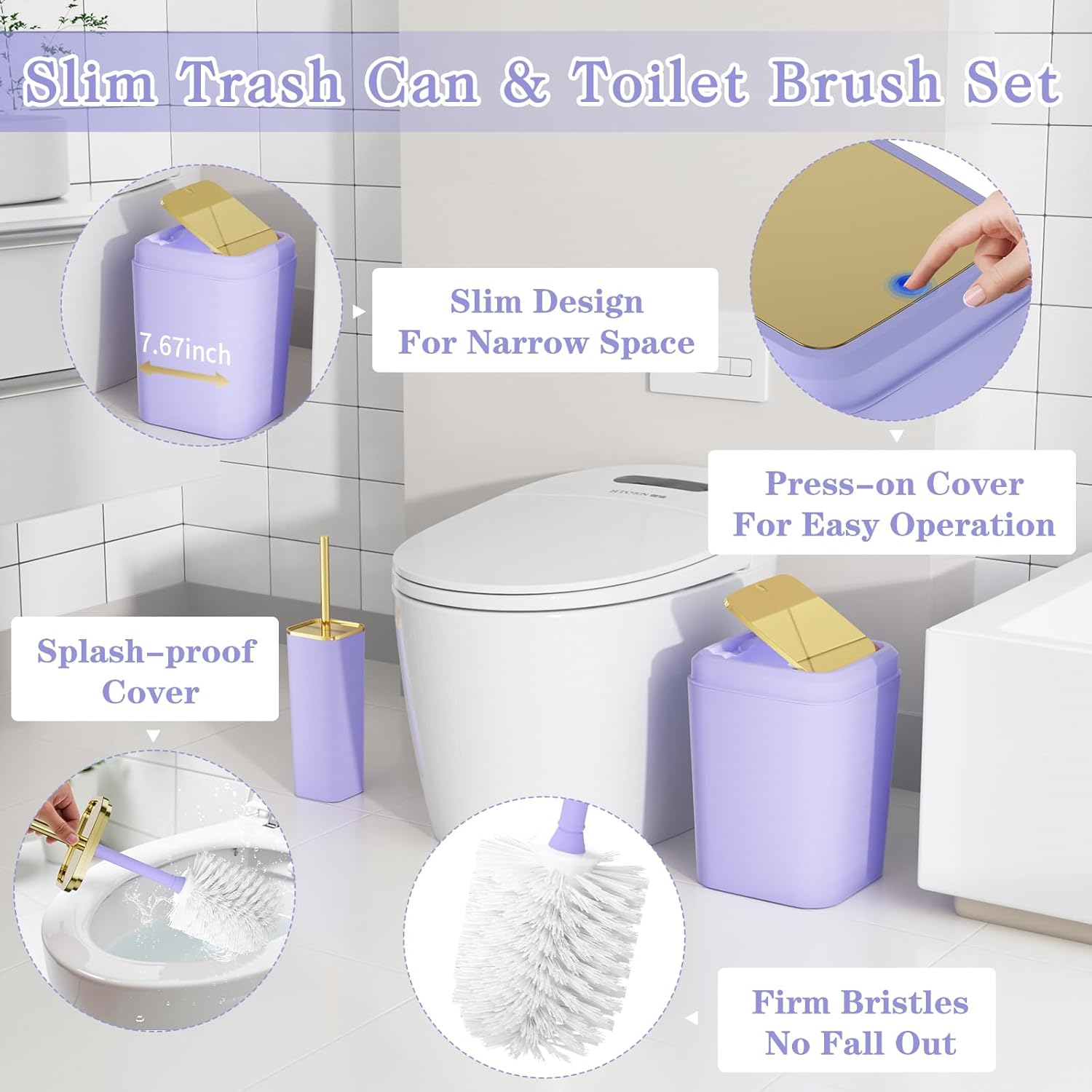 Bathroom Accessory Set, 11PC Bathroom Set, Purple Bathroom Accessories, Bathroom Accessories Set with Trash Can, 3PC Soap Dispensers and Toilet Brush