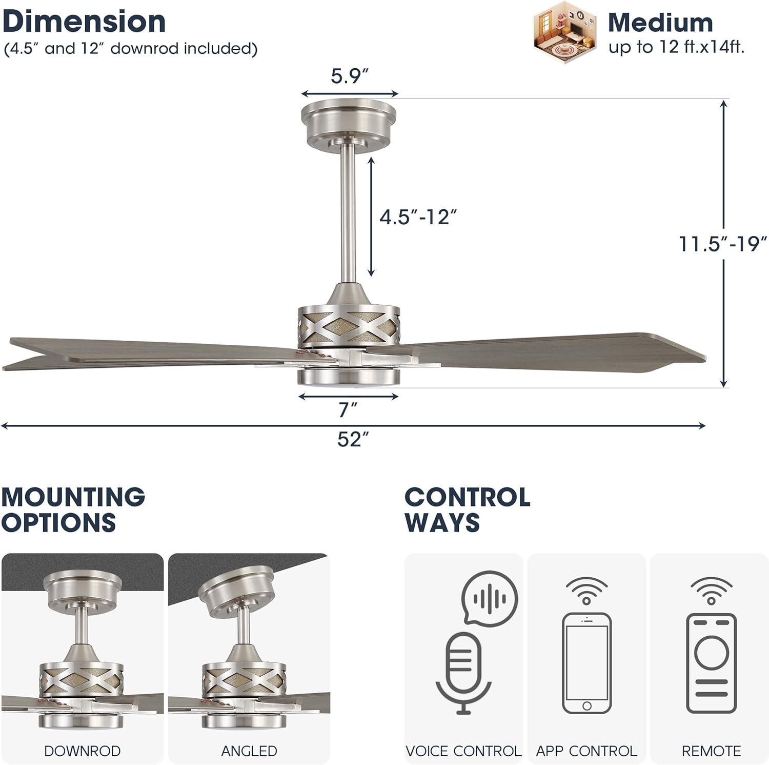 WINGBO 52" Smart Ceiling Fan with Lights, 5 Plywood Blades, 6 Speeds Reversible DC Motor, Works with Alexa and Google Assistant, 3CCT Dimmable LED Ceiling Fan for Bedroom Living Room, Nickel and Grey