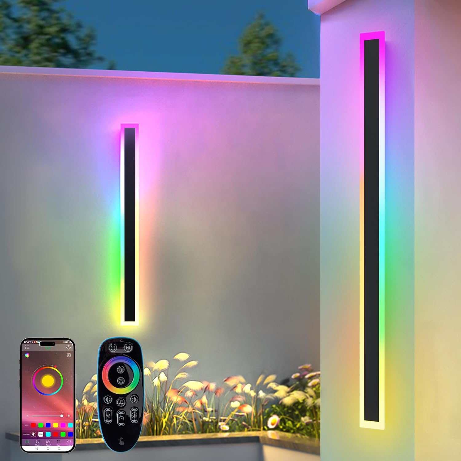 2 Pack Outdoor RGB Long Wall Lights, 39.4inch Wall Lights RGB/Warm/White Dimmable Modern Led Wall Lighting, Ip65 Waterproof Wall Sconce with Remote APP Control for Outdoor/Indoor Party Gathering
