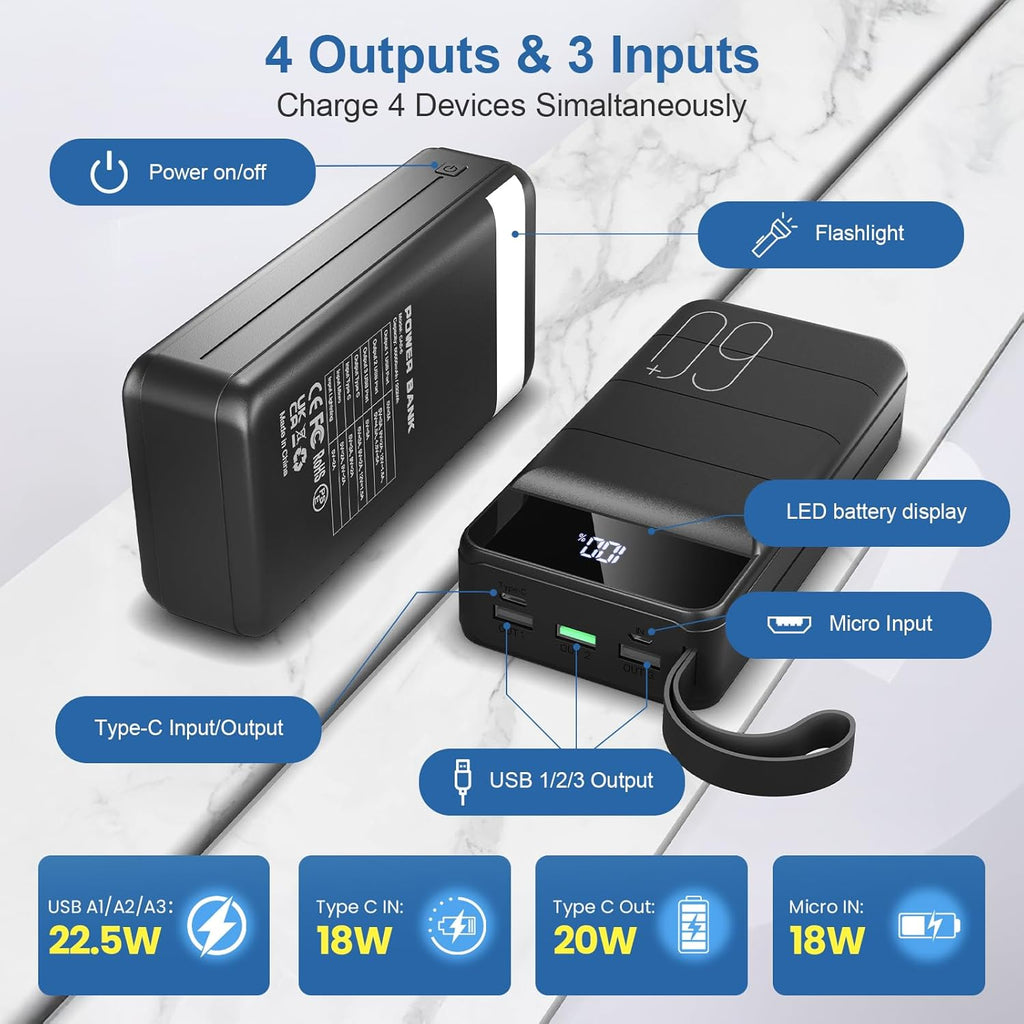Portable Charger Power Bank 60000mAh Fast Charging 22.5W PD4.0 & QC 4.0 with USB C Battery Pack Charger Portable High Capacity Portable Phone Charger Power Bank for iPhone,Samsung,Travel (Black)