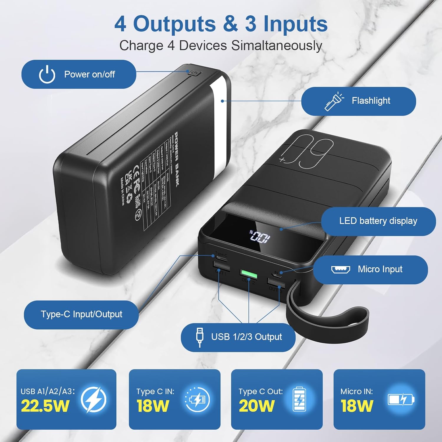 Portable Charger Power Bank 60000mAh Fast Charging 22.5W PD4.0 & QC 4.0 with USB C Battery Pack Charger Portable High Capacity Portable Phone Charger Power Bank for iPhone,Samsung,Travel (Black)