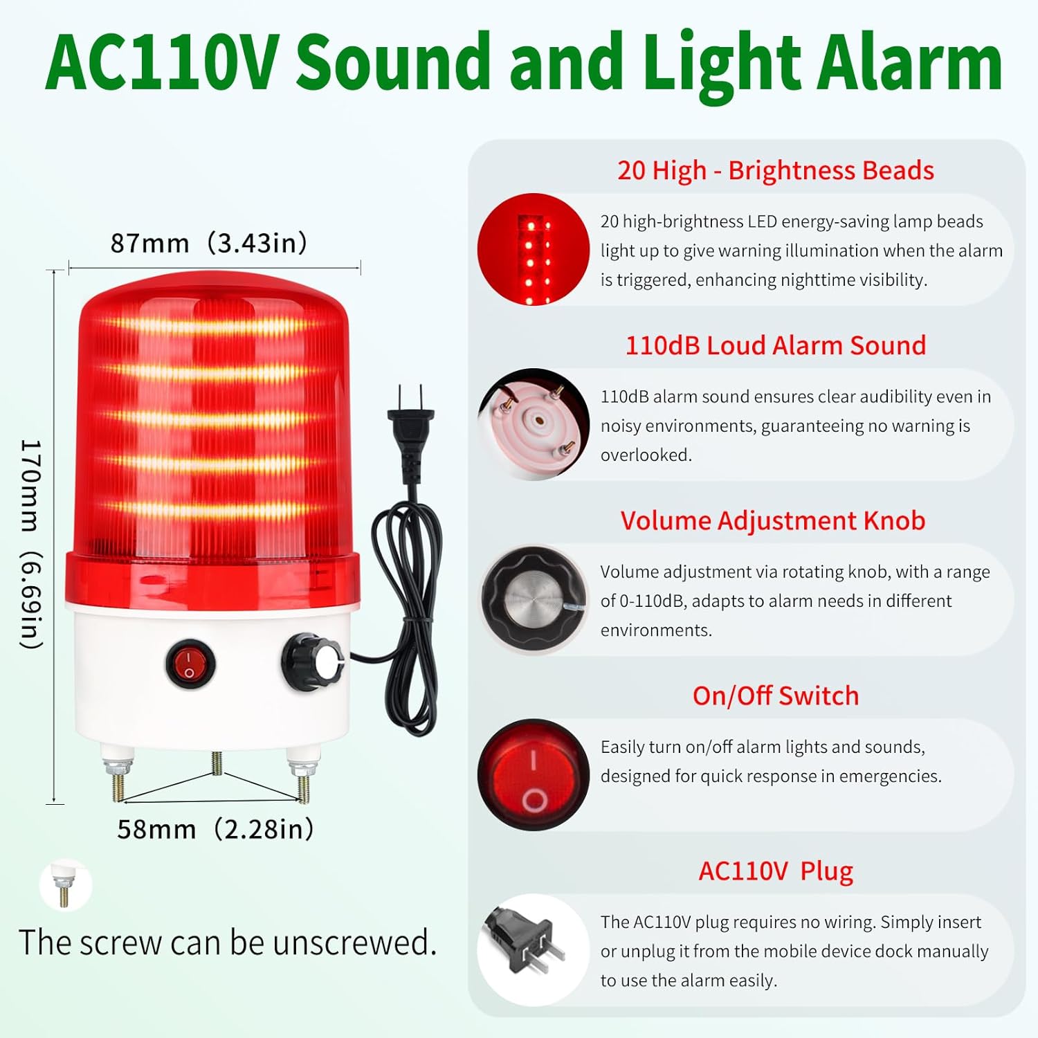Industrial LED Rotating Warning Light, AC110V-120V Red Strobe Light for Public Emergency Alarms, Indoor/Outdoor Safety Siren with Volume Adjustment/Plug and Buzzer