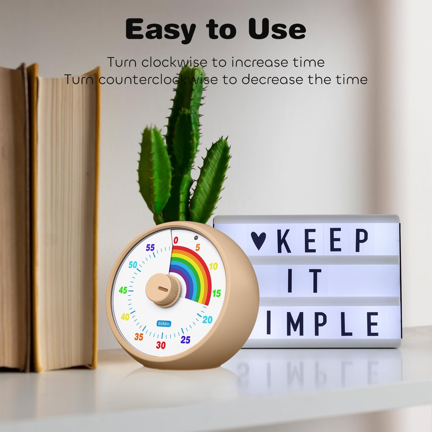 Visual Timer for Kids, 60-Minute Countdown Timer for Classroom Office Kitchen, Desk Timer Kids Time Management Tools with Silent Operation, Pomodoro Time Rainbow Pattern(Khaki)