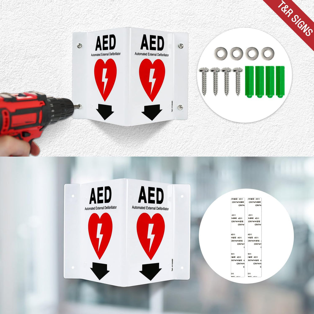 T&R AED Sign, Automated External Defibrillator with Down Arrow - 8 Pack - 8 x 6 Inches Acrylic, 4 pre-drilled holes, Includes Matching Screws, Use for Office/Business