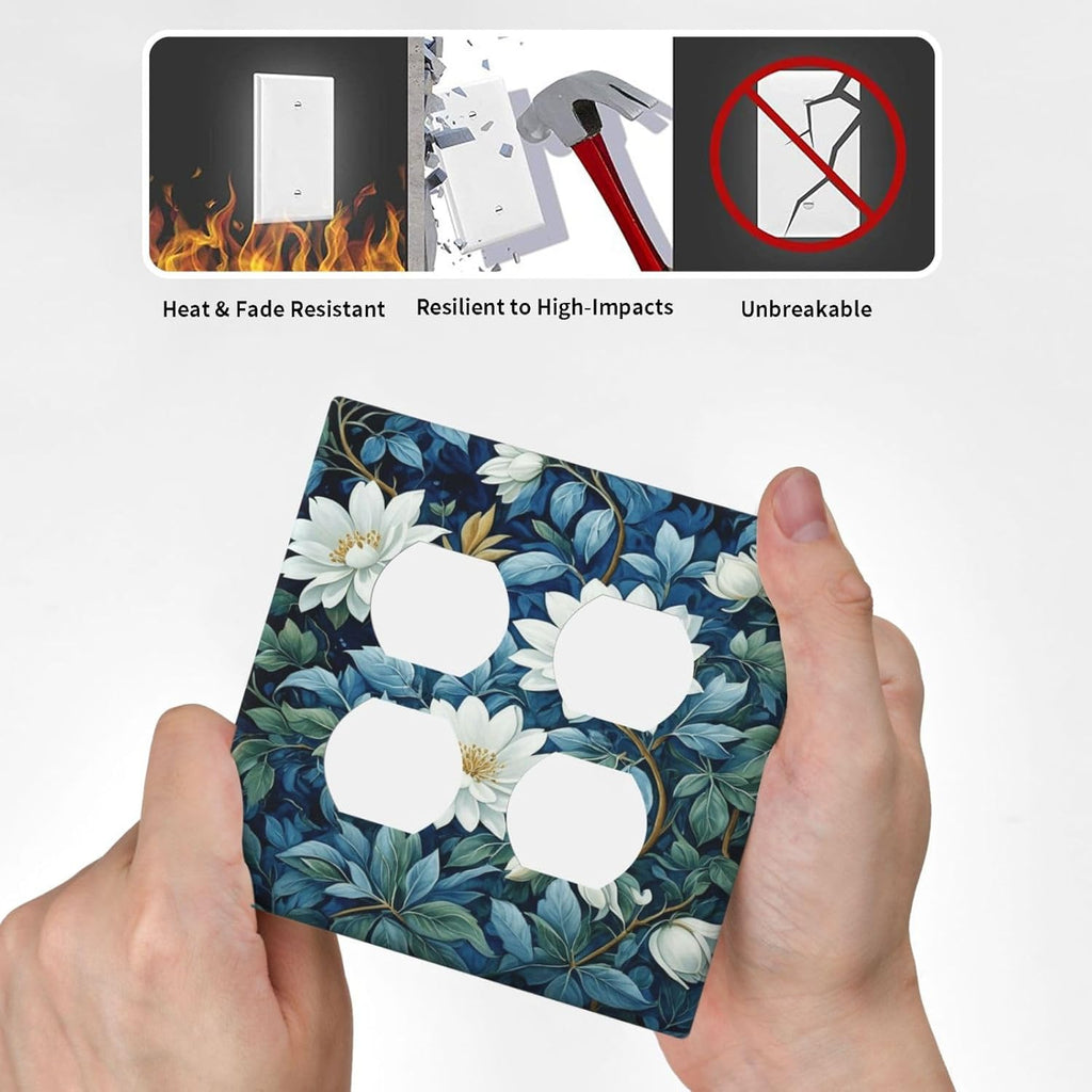 Decorative Outlet Covers Rustic White Floral Flowers Green Blue Leaves 2 Gang Wall Plate Double Duplex Light Switch Cover Switch Plate Covers Faceplate for Bedroom Home Decor