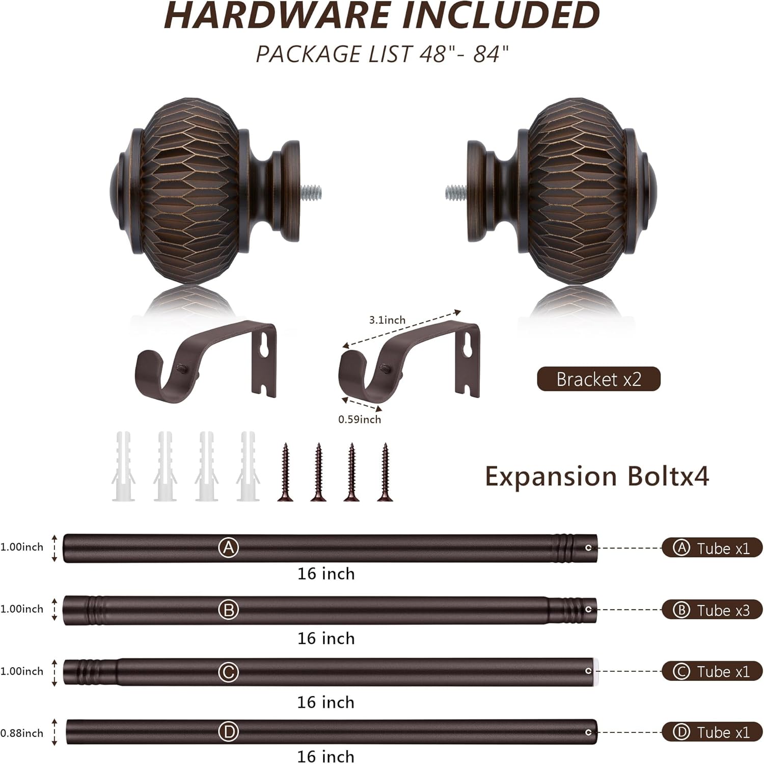 Bronze Curtain Rods for Windows 48 to 84 Inches, 1 Inch Adjustable Heavy Duty, Lantern Ball Finials, Window Treatment Single Rod Set