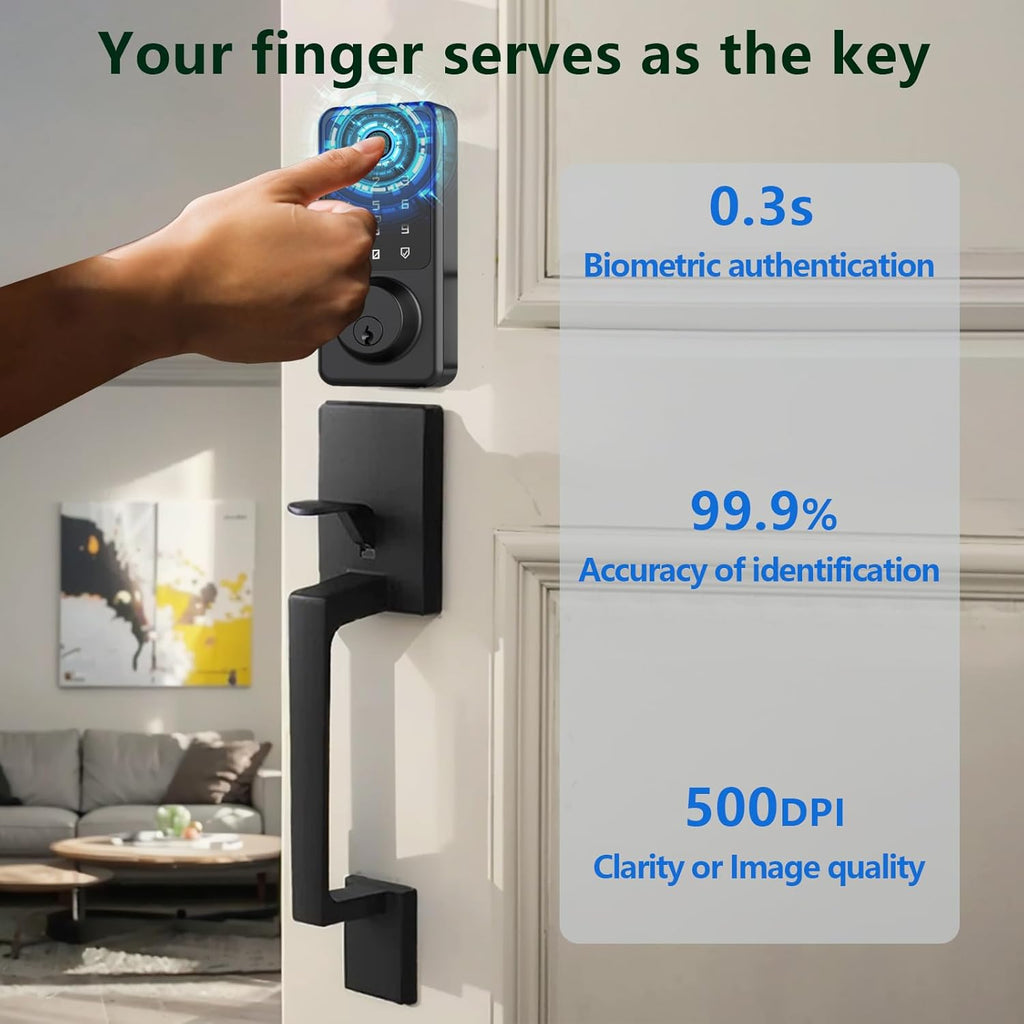 Smart Front Door Lock Handle Set, Keypad Door Lock with Handles, Fingerprint Keyless Entry Smart Locks Handle Kit, Electronic Smart Deadbolt with Auto Lock, Code, APP for Home, Apartment