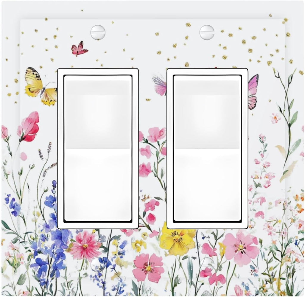 Decorative Outlet Covers Watercolor Floral Butterfly Colorful Wildflower 2 Gang Double Gfci Rocker Electrical Wall Panels Light Switch Cover Plate For Bed Room Living Room Decor