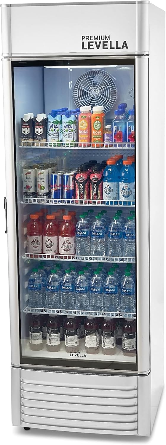 PremiumLevella PRF155DX Glass Door Display Refrigerator 15.5 cu ft Commercial Beverage Cooler Merchandiser With Customizable Lightbox - Silver