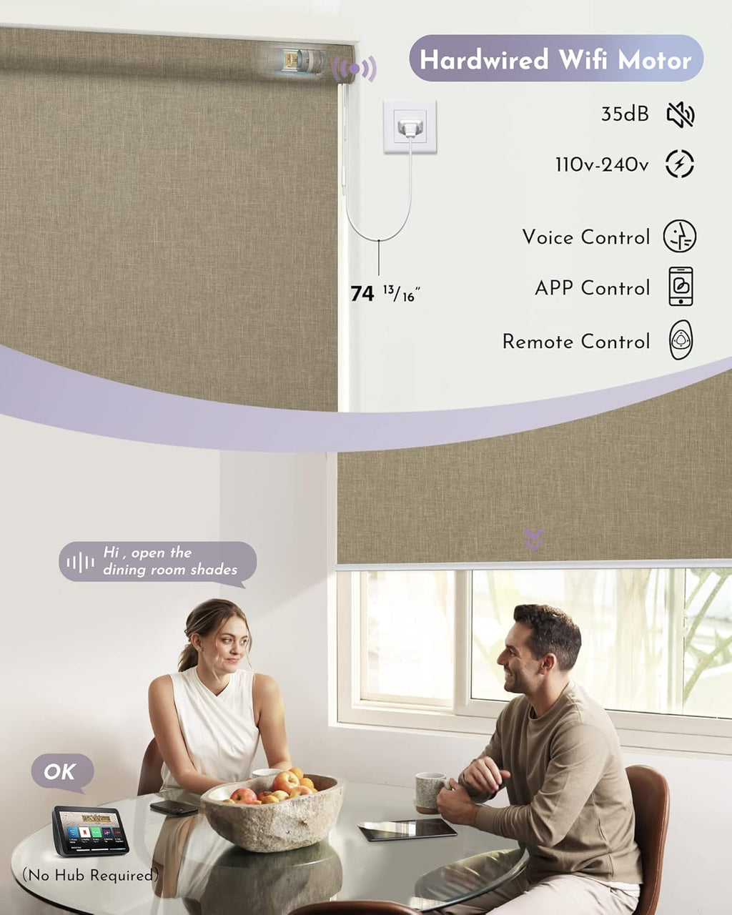 Graywind Motorized Shades 100% Blackout Compatible with Alexa Google Smart Home Control Build-in Hardwired Window Shades Thermal Insulated Window Blinds, Customized Size (Coffee)