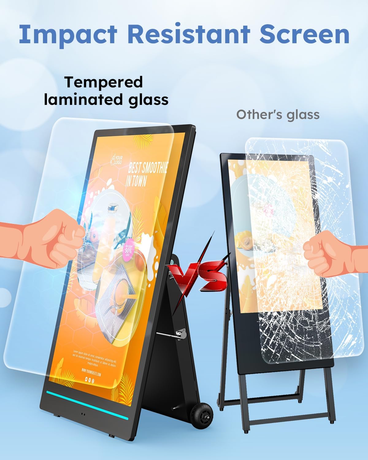 55-inch Rechargeable Portable FHD Outdoor Digital Signage Displays, IP65 Waterproof, Smart LCD Split Screen, Brightness Auto-Adjustment Movable Advertising Kiosk with Android OS