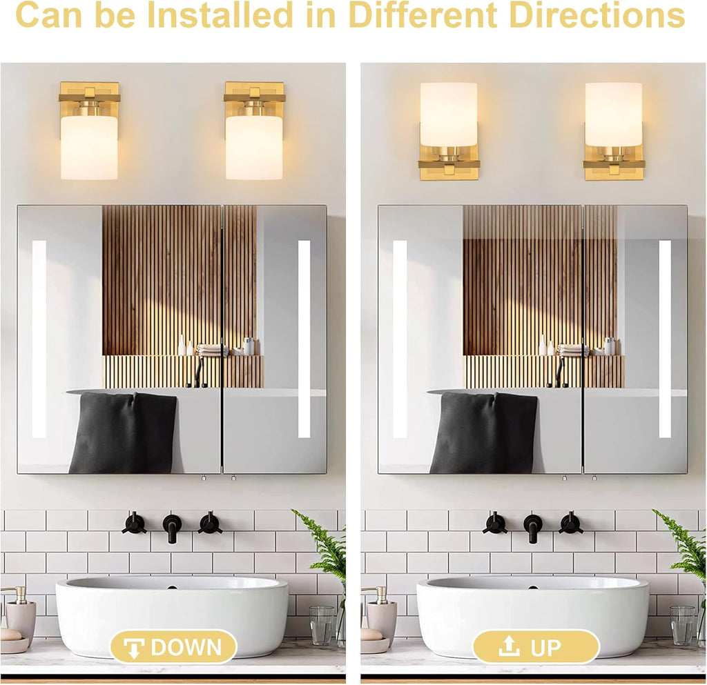 1 Light Modern Bathroom Light Fixtures Over Mirror, Brass Finish Vanity Lights for Bathroom Wall Sconces with Milky White Glass Shades, E26 Socket (Bulbs Not Included)