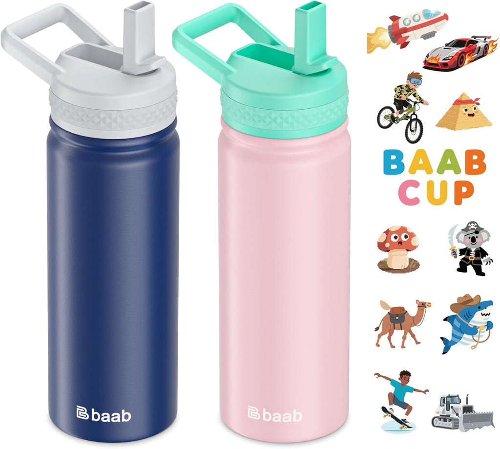 baab 18oz Kids Water Bottle, Insulated Water Bottle with Straw & Stickers, 18/8 Stainless Steel Vacuum Leakproof Kids Water Straw Cup for School, Perfect for Boy Girl (Navy Blue+Pink, 2 Pack)