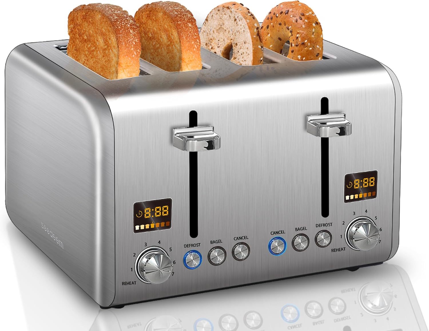 SEEDEEM 4 Slice Stainless Toaster - Color LCD Display, 7 Shade Settings, 1.5'' Wide Slots with Bagel/Defrost/Reheat Functions, Removable Crumb Tray, Silver Metallic, 1800W