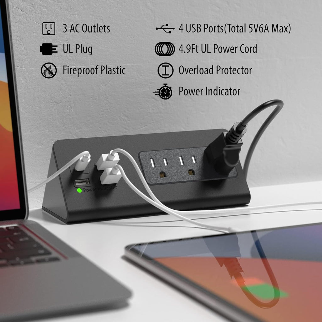 Power Charge Station Edge clamp Mount with USB-C Ports，Tabletop Surge Protector, Desk Clamp Power Sockets with 3 AC Outlets and 4 Fast Charging USB Ports for Home Office Hotel and Dormitory (Black)