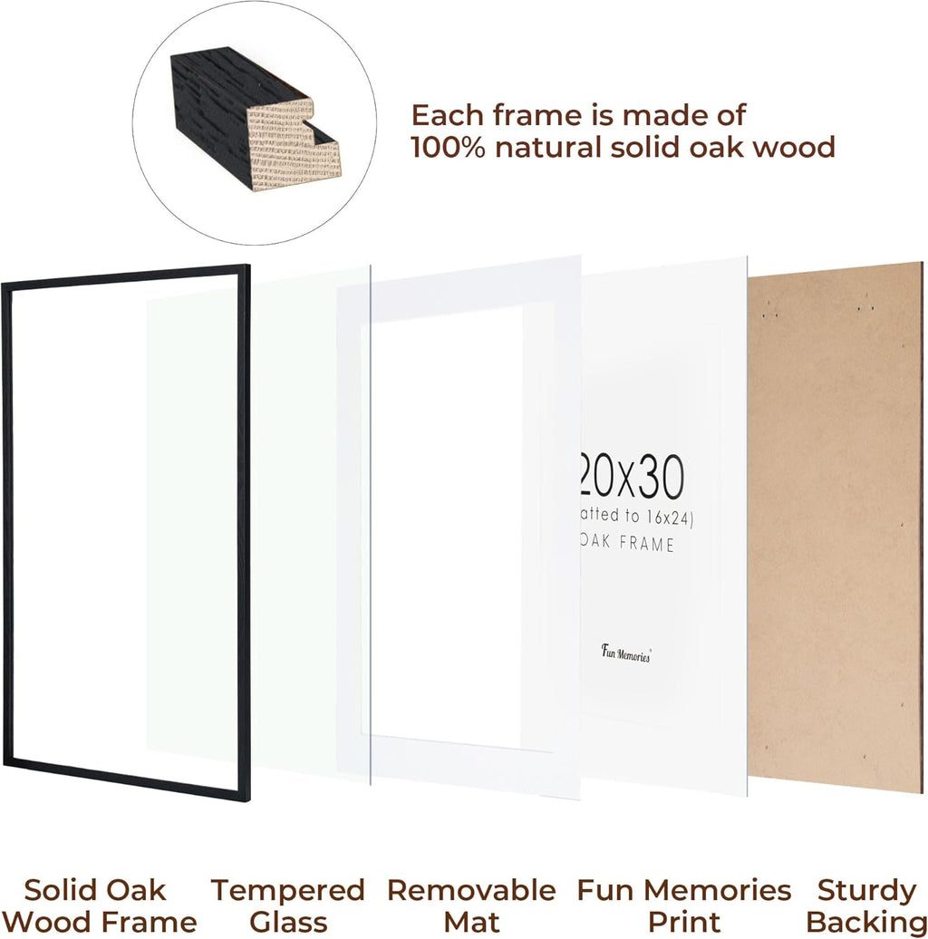 20x30 Picture Frames in Black, 20"x30" Oak Wood Poster Frame, 20 x 30 Wood Frame with Real Glass, 20x30 Matted Frame for 16x24 Picture (Black, 1 Pack)