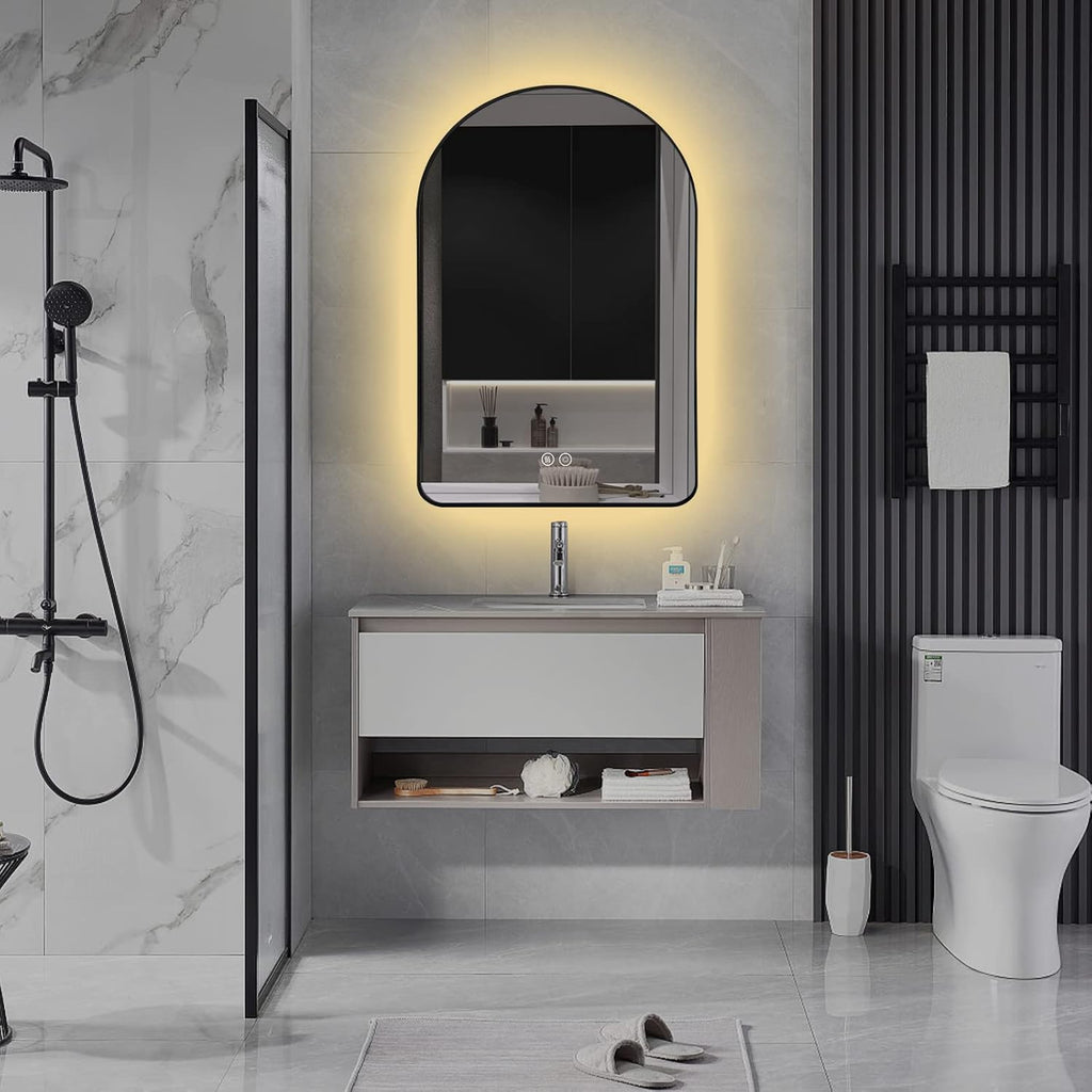 Niccy Arched LED Lighted Bathroom Mirror, 36x24 Inch Backlit Vanity Mirror with Lights Brushed Black Framed Wall Mounted Mirrors with Dimmable 3 Color Shatterproof Arch Smart Fog Free Mirror