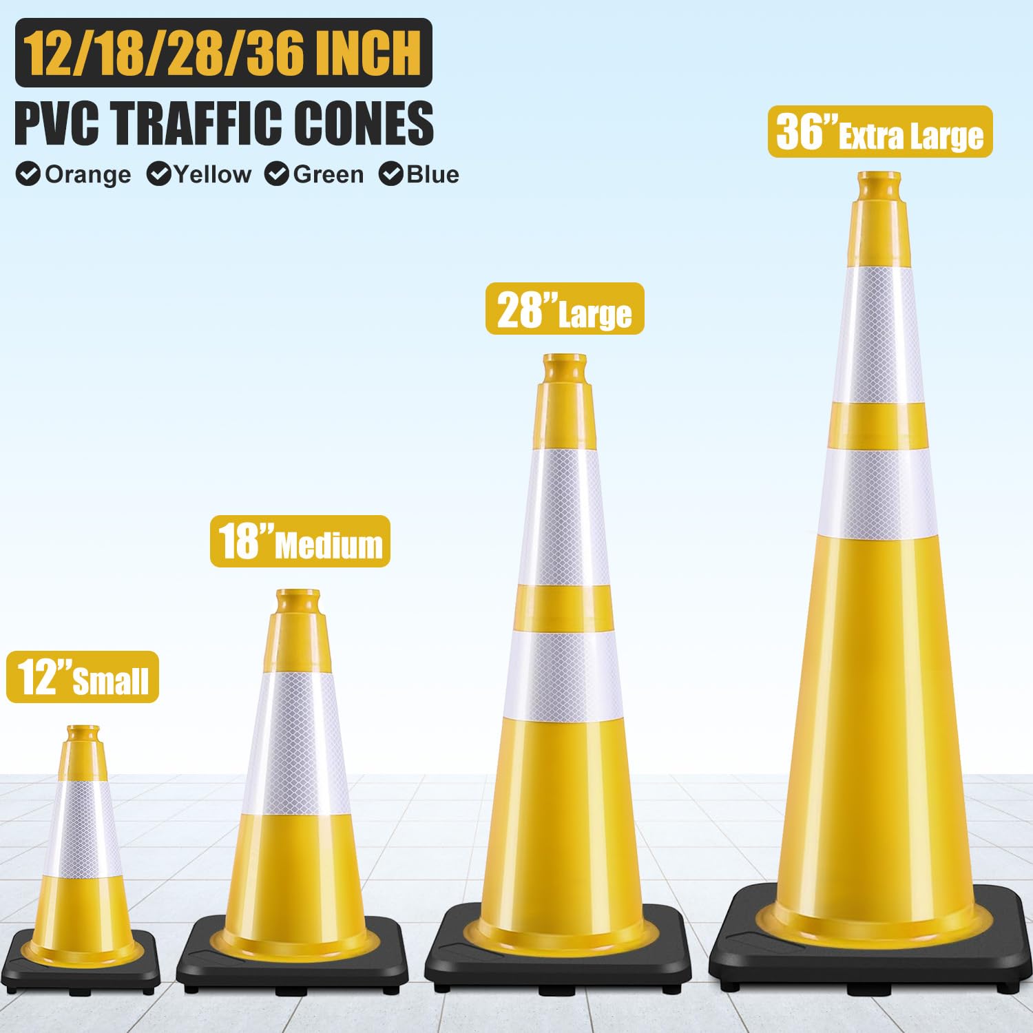 6 Pack 18" Inch Yellow PVC Traffic Cones with Heavy-Duty Base, High-Visibility All-Weather Safety Cones for Road Construction, Parking Lot, and Garage Use (6, Yellow, 18" Medium)