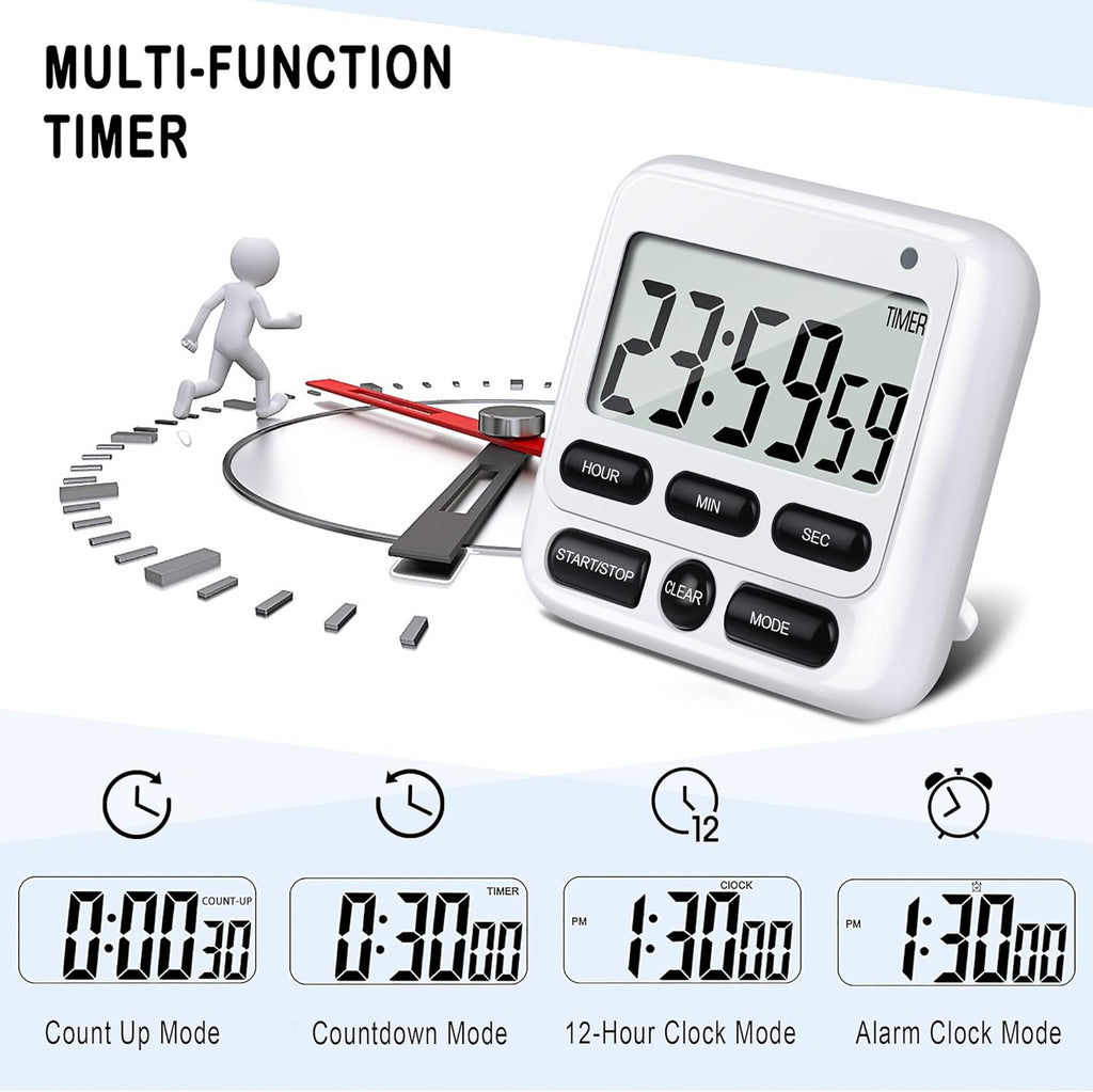 KTKUDY Digital Kitchen Timer with Mute/Loud Alarm Switch ON/Off Switch, 12-Hour Clock & Alarm, Memory Function Count Up & Count Down for Kids Teachers Cooking, Large LCD Display, Strong Magnet (White)