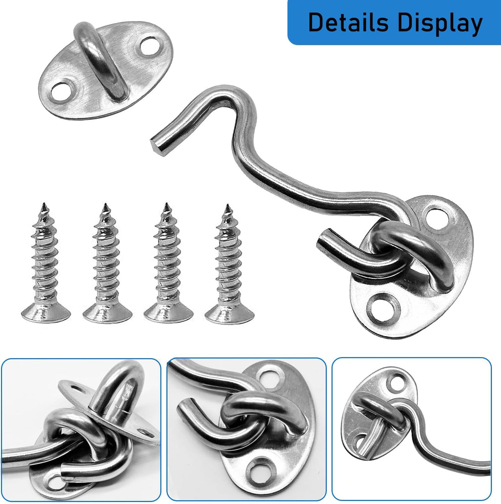 4-Pack 3Inch Door Lock Gate Latch Premium Stainless Steel Hook and Eye Gate Latch Cabin Hook with 16pcs Screws, Silver