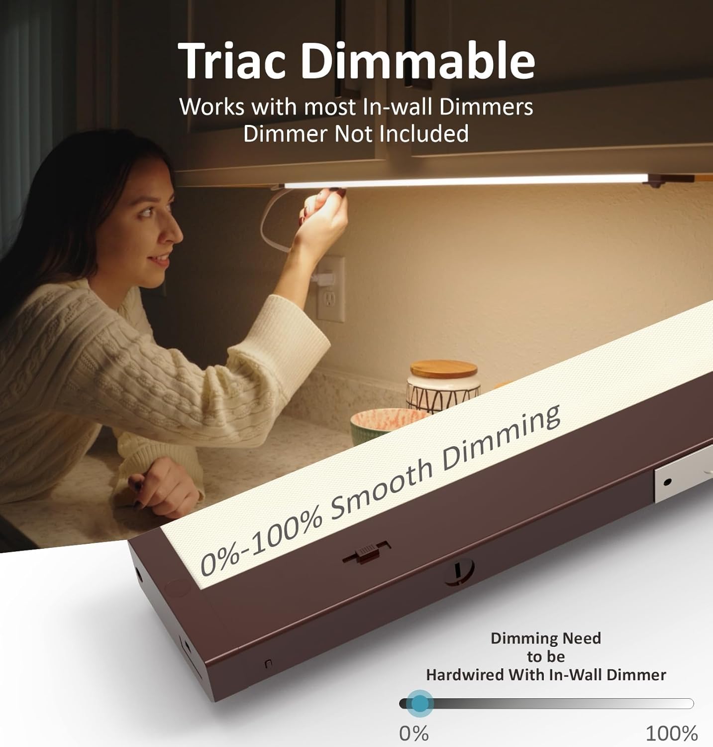 LED Under Cabinet Lighting Hardwired or Plug in, 18 Inch 9W, Dimmable 5 Color 2700K/3000K/3500K/4000K/5000K, Linkable Eyes Care Design Counter Lights for Kitchen, Sink, ETL Listed, Bronze