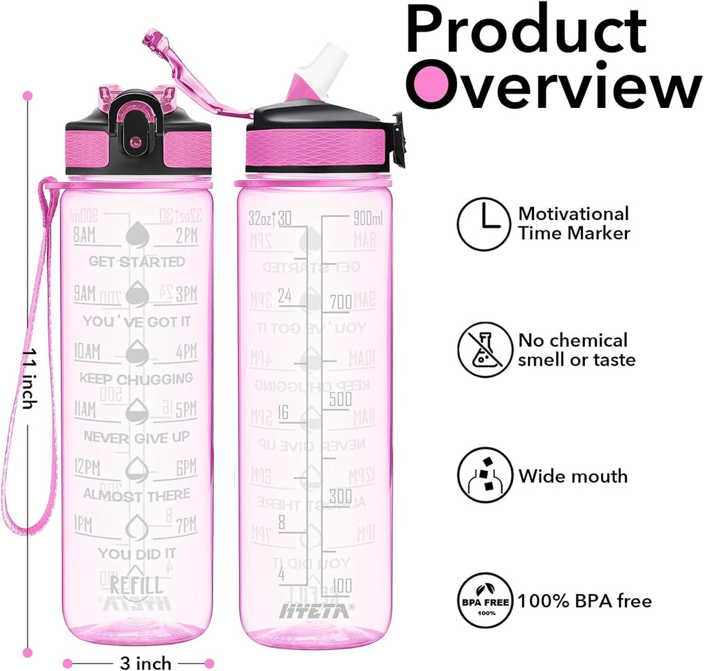Hyeta 32 oz Water Bottles with Times to Drink and Straw, Motivational Water Bottle with Time Marker, Leakproof, Drinking Sports Water Bottle for Fitness, Gym and Outdoor